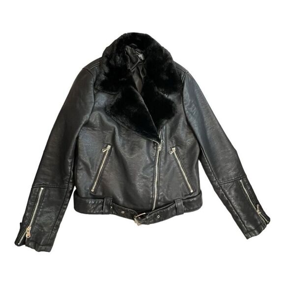 Forever 21 Women's Faux Fur Collar Biker Leather Motorcycle Jacket Black  Small - Picture 4 of 10